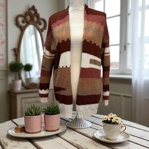 Elsamanda Italian Wool Southwest Desert‎ Knit Open Front Cardigan Sweater Size S